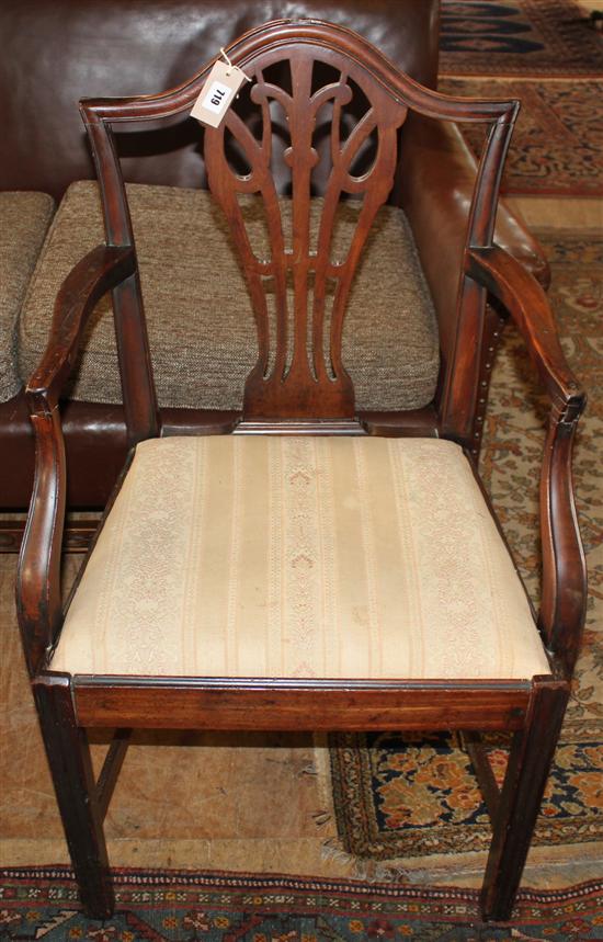 Hepplewhite style mahogany open arm elbow chair, pierced splat & drop-in seat